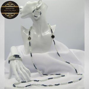 Long or Short White & Gunmetal Beaded Jewelry Set